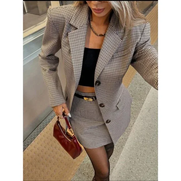 2 piece set brown plaid blazer skirt suit set